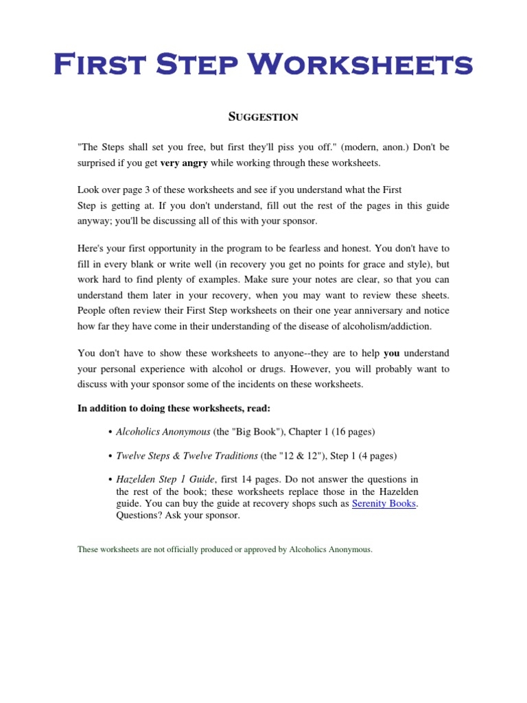 1 ST Step Worksheet PDF Alcoholics Anonymous Alcoholism 