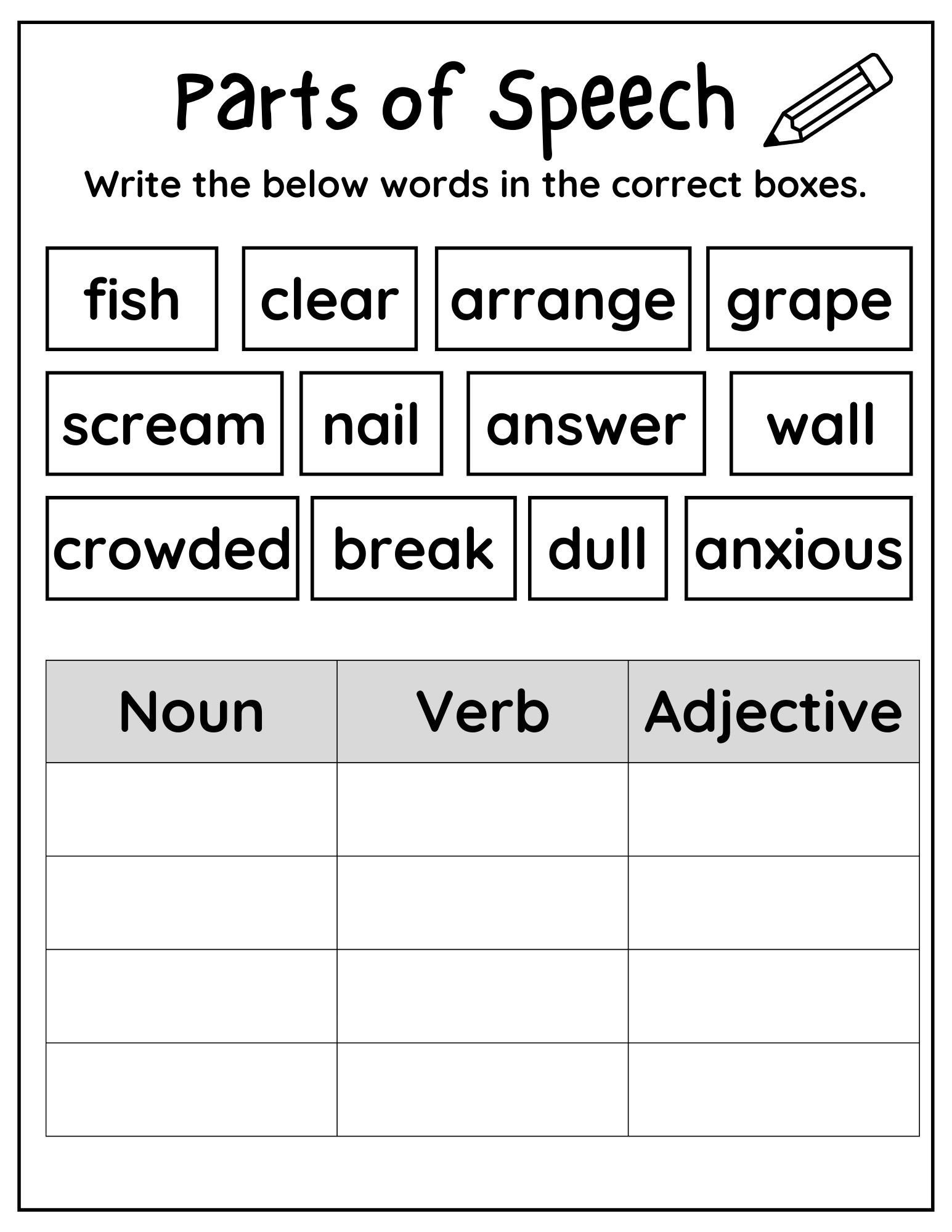 10 Printable Parts Of Speech Worksheets Printable Noun Verb Etsy UK
