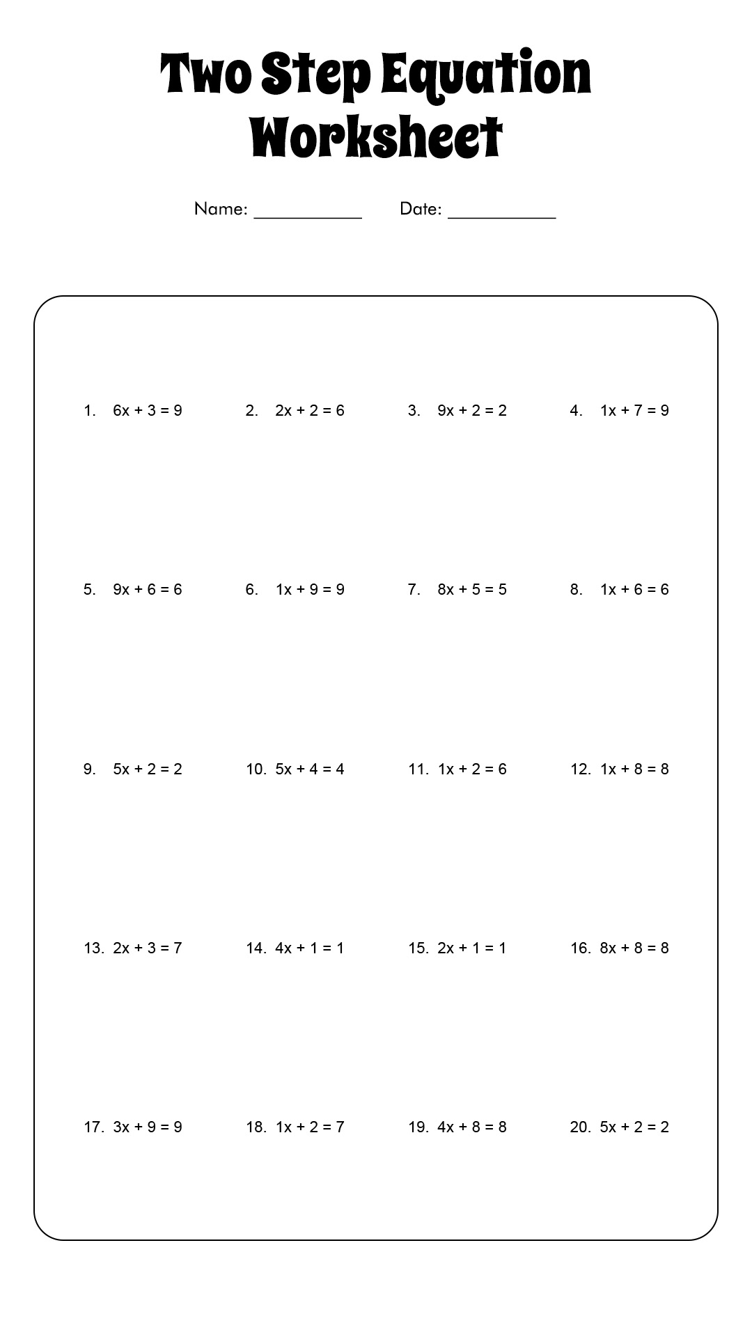 11 Solve Two Step Equations Printable Worksheet Free PDF At 