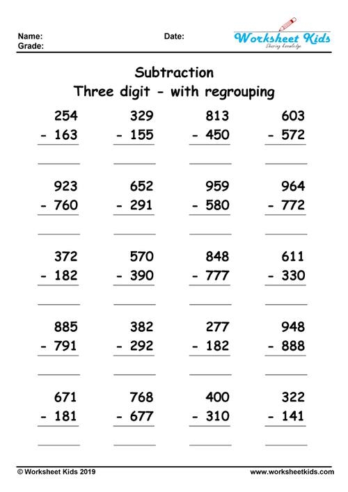 3 Digit Subtraction With Regrouping Worksheets For 2nd And 3rd Grade PDF