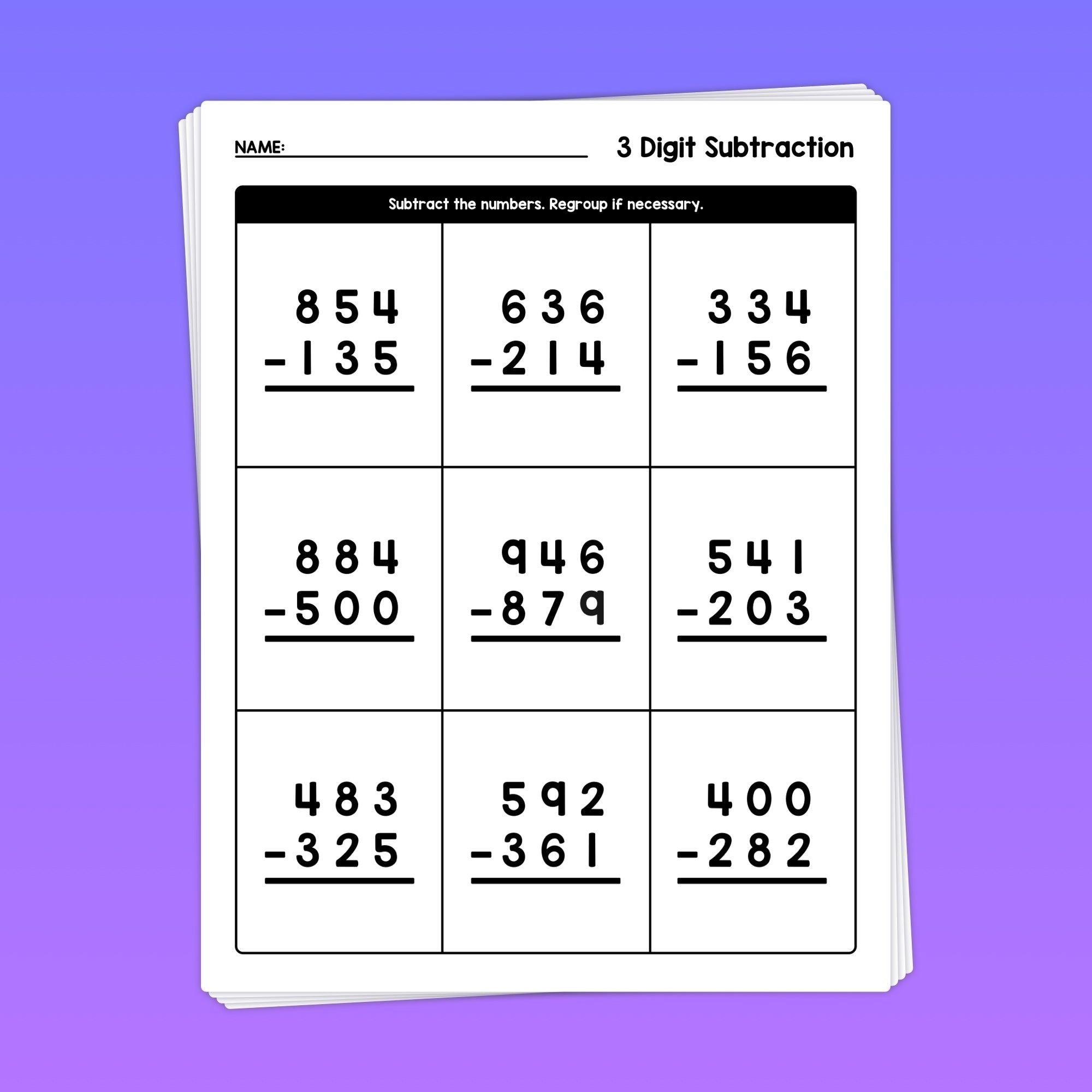3 Digit Subtraction With Regrouping Worksheets For 2nd And 3rd 