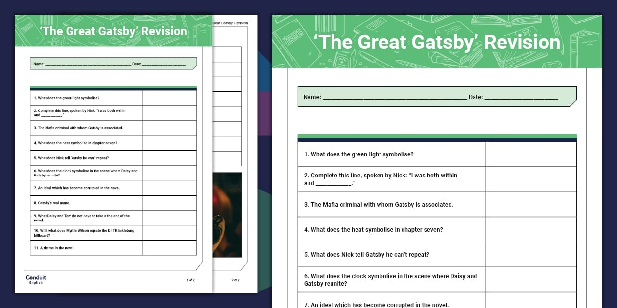  39 The Great Gatsby 39 Revision Worksheet