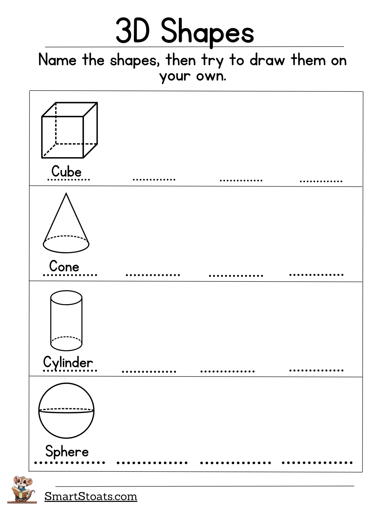 3D Dimensional Shapes Worksheets For 1st Grade Free Download