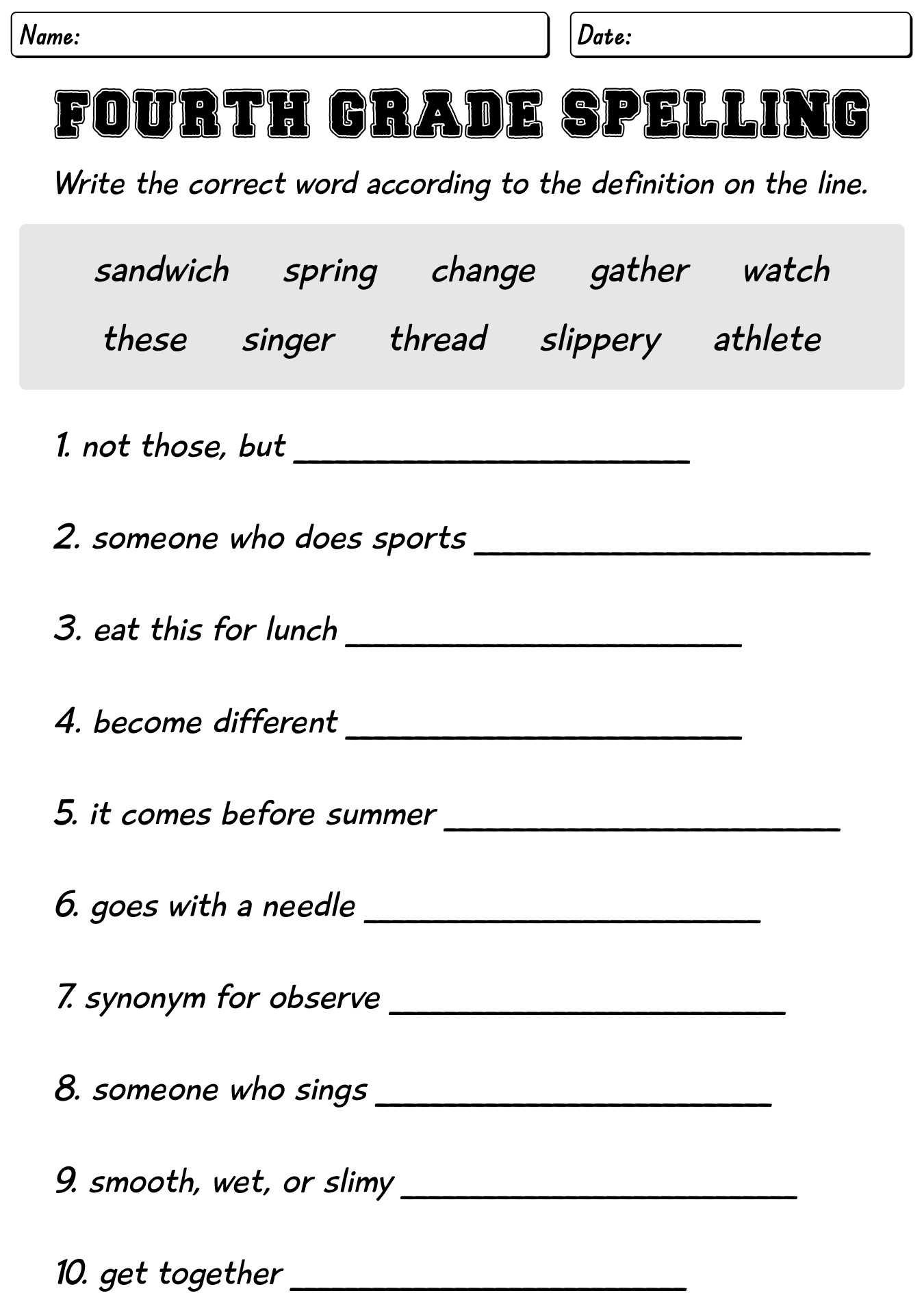 4 Grade Worksheets Spelling