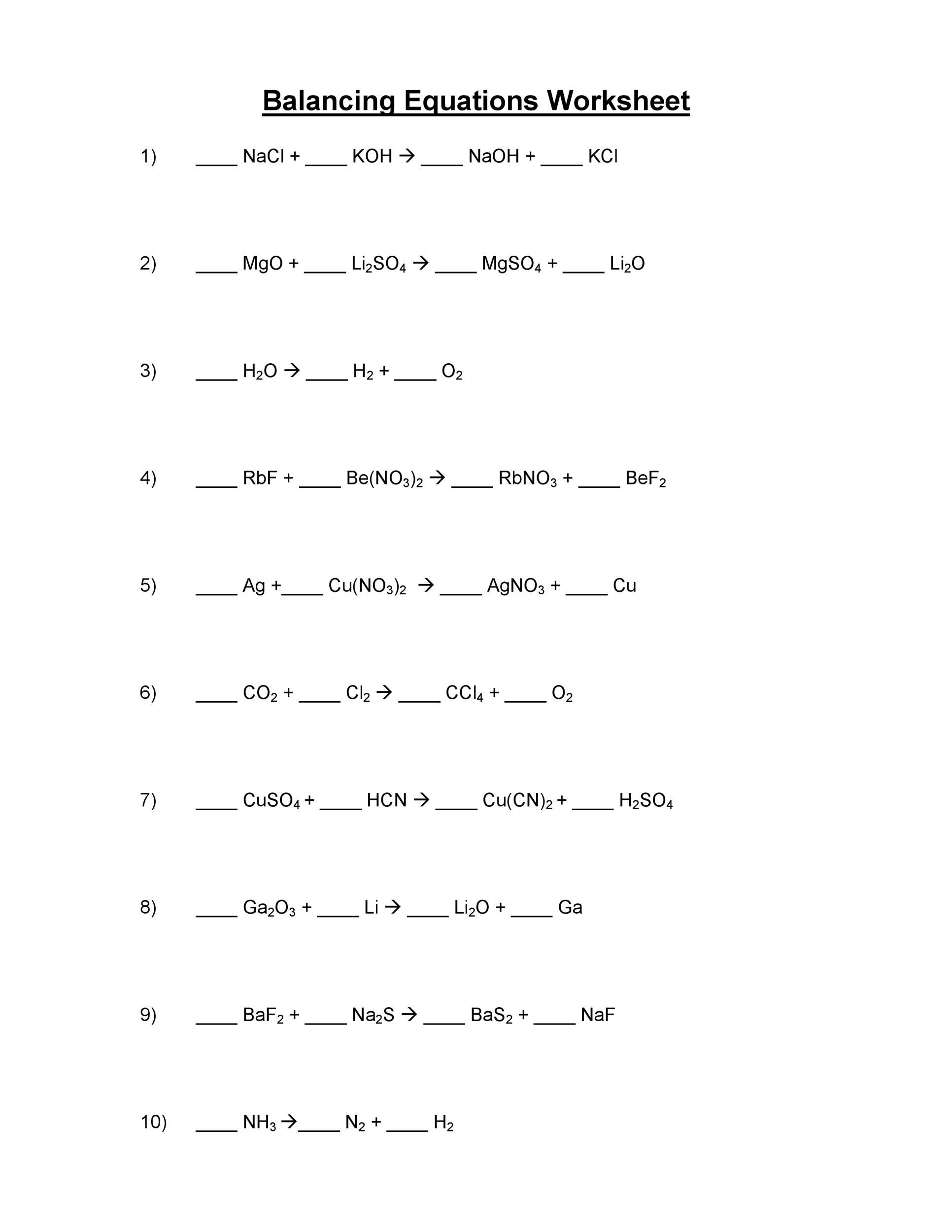 49 Balancing Chemical Equations Worksheets with Answers