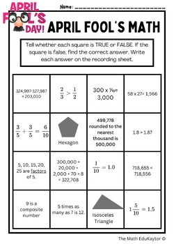 4th Grade Math April Fool 39 s Day Skills Review Activity Worksheet