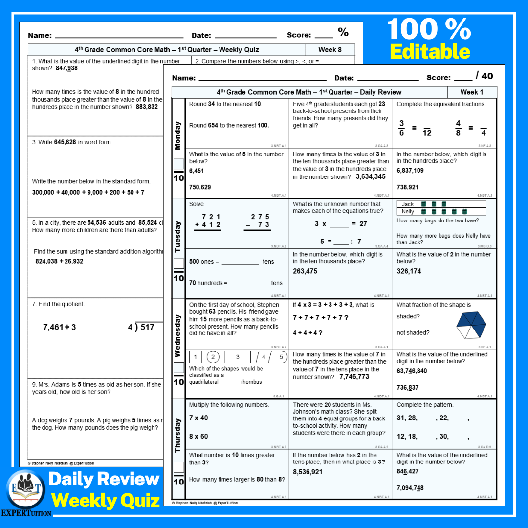 4th Grade Math Spiral Review Worksheets Quarter 1 Made By Teachers