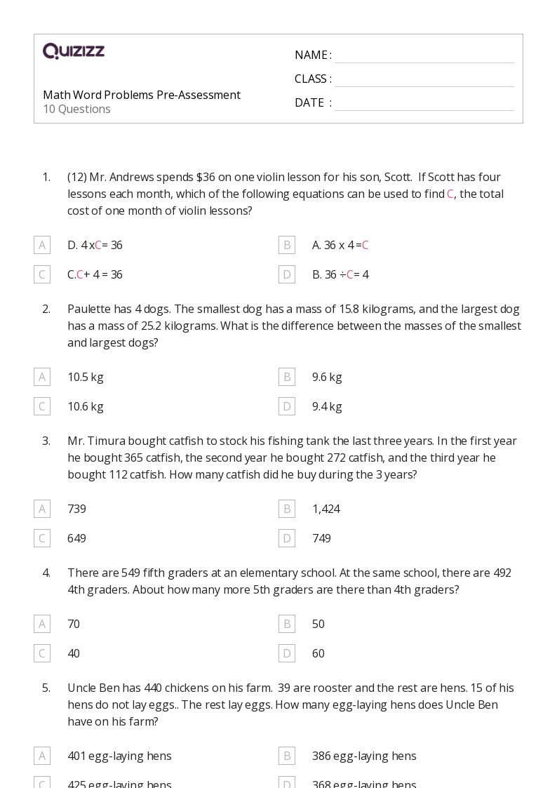 50 Math Word Problems Worksheets For 8th Grade On Quizizz Free 