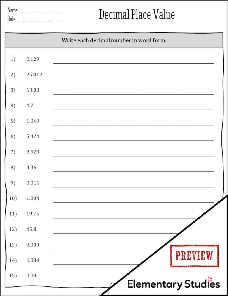 5th Grade Decimal Place Value Elementary Studies