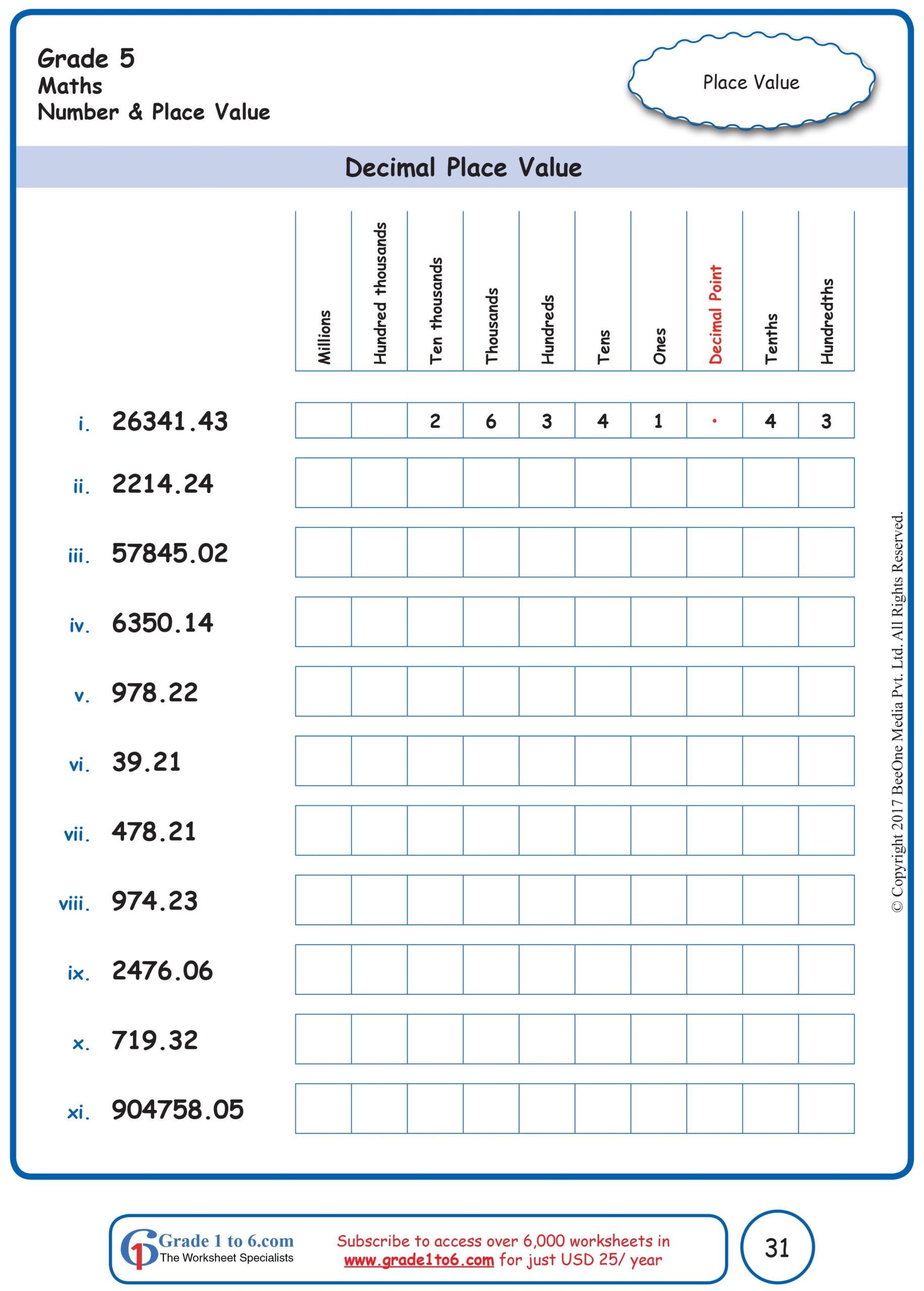 5th Grade Decimal Place Value Worksheets Identifying Decimal