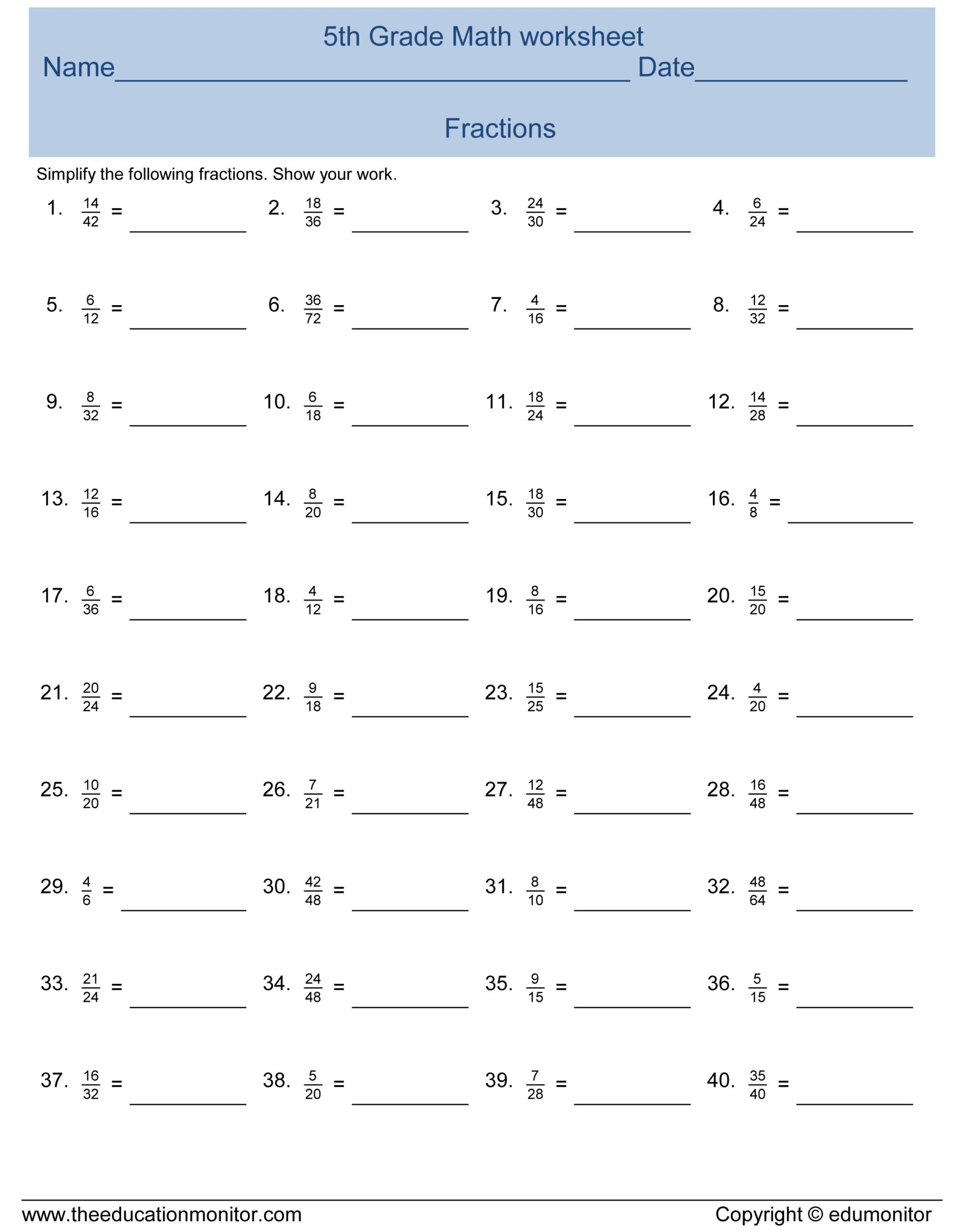 5th Grade Fractions Practice Worksheet MySchoolsMath