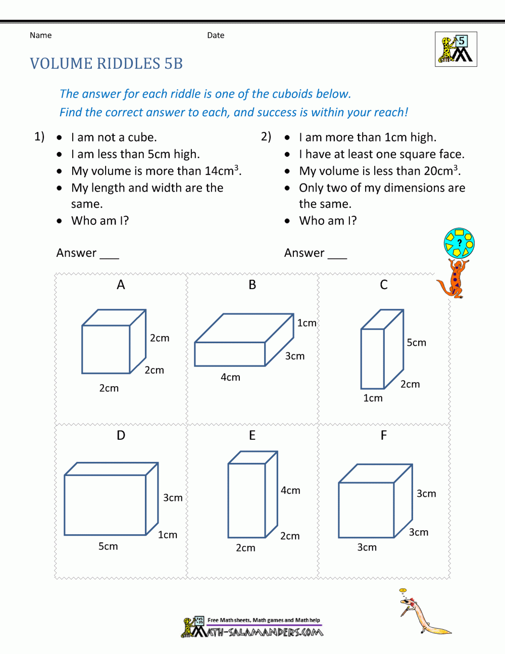 5th Grade Volume Worksheets