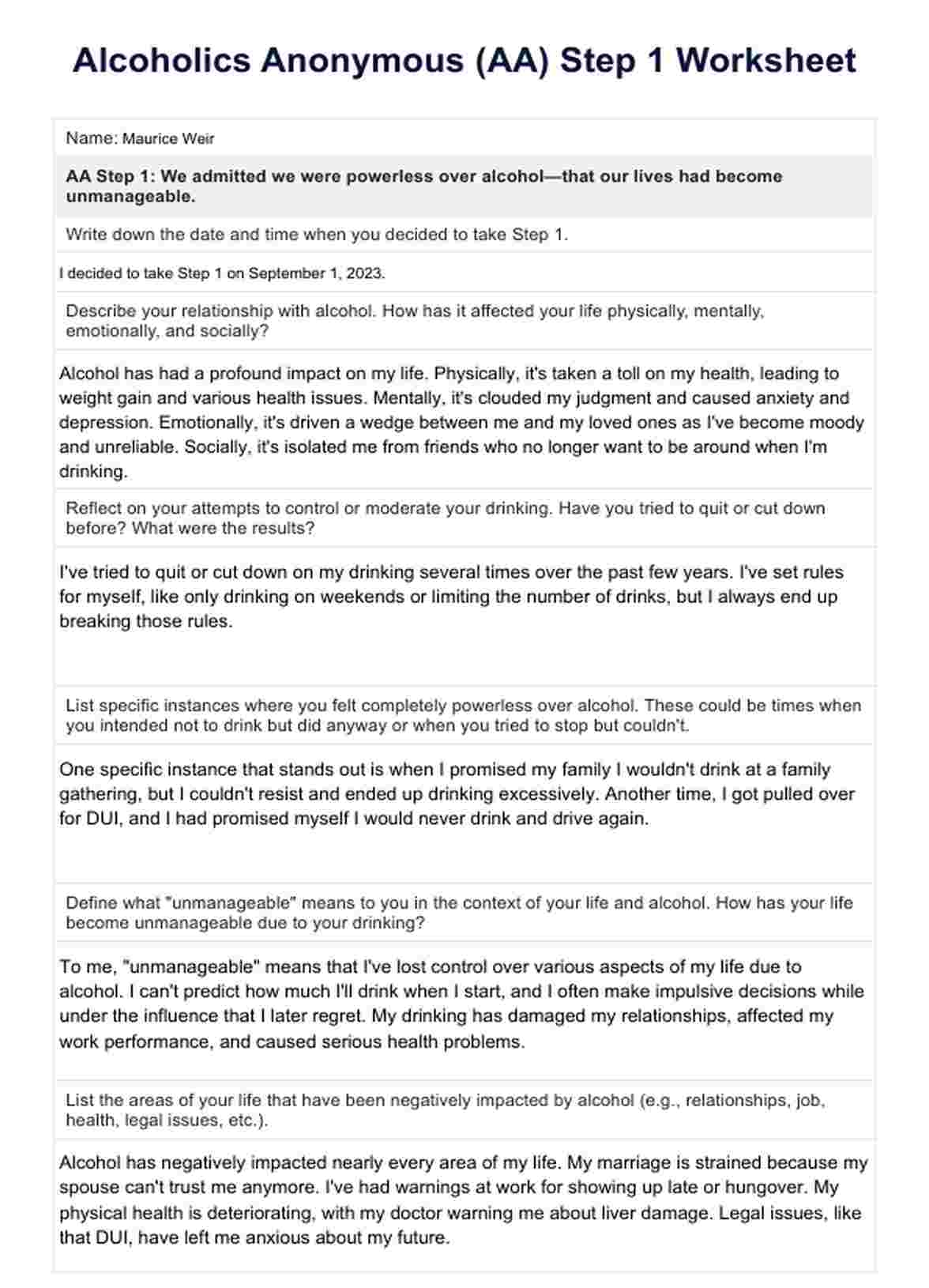 AA Step 1 Worksheet Example Free PDF Download