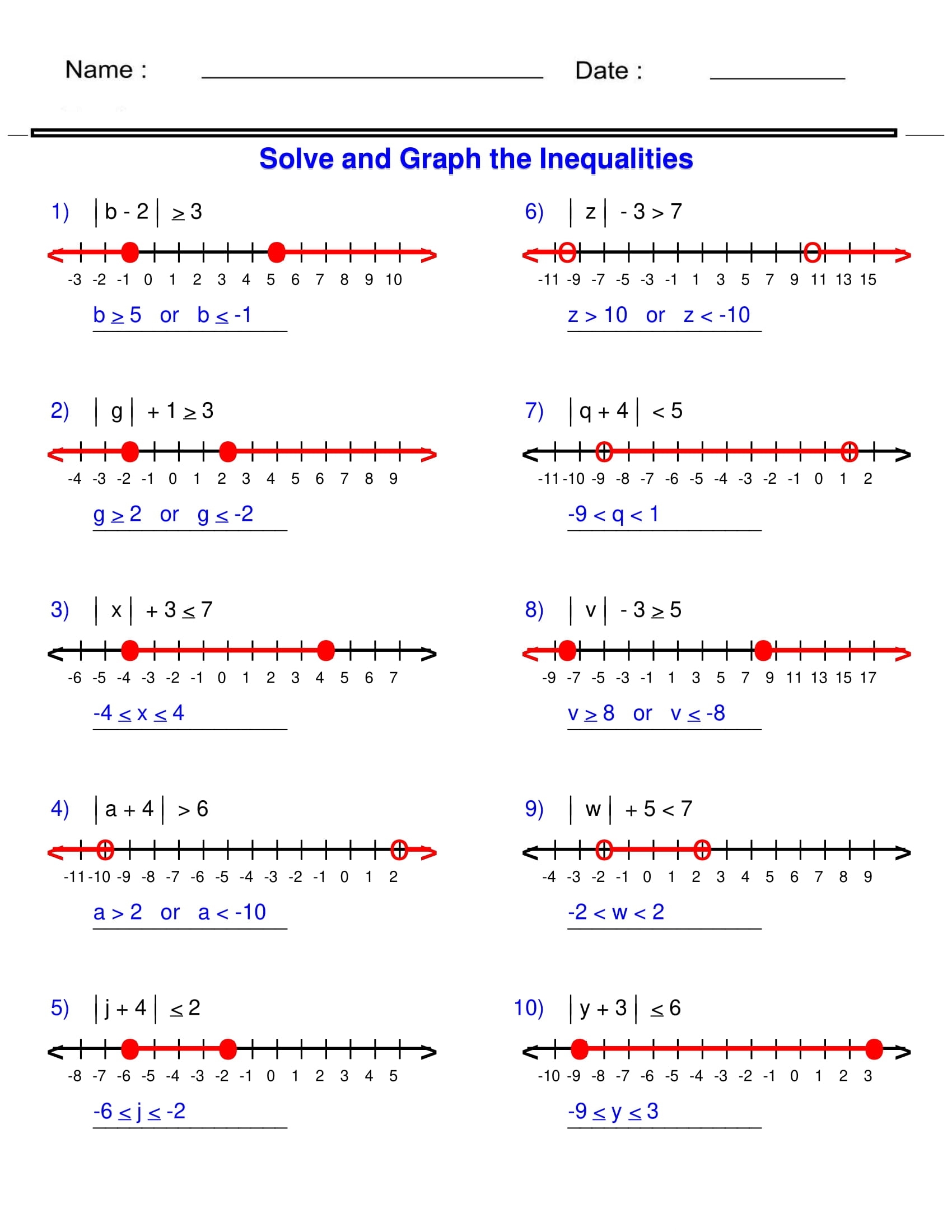 Absolute Value Inequalities Algebra 1 Inequalities Worksheets