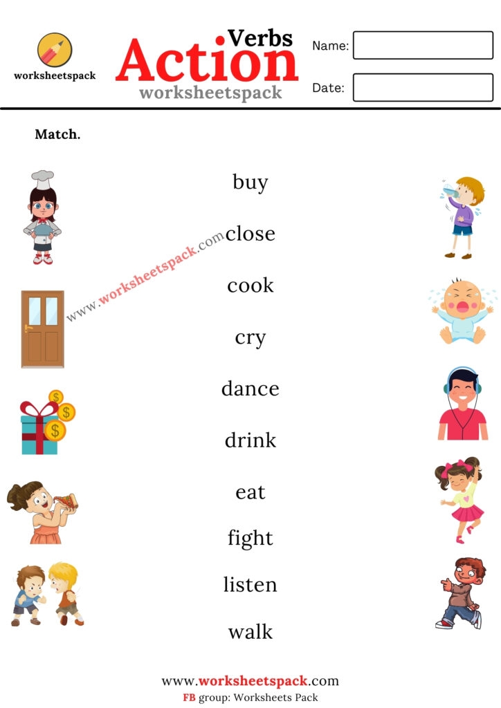 Action Verbs Matching Worksheets Pdf Worksheetspack