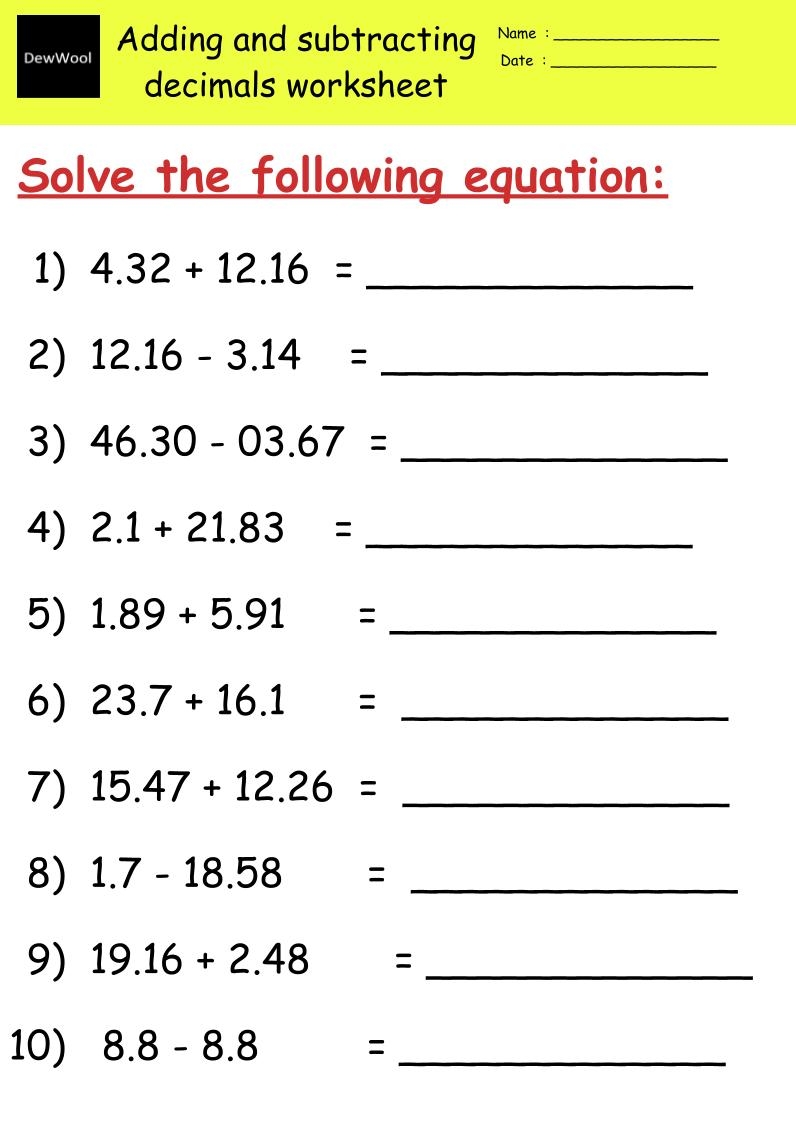 Adding And Subtracting Decimals Worksheets DewWool
