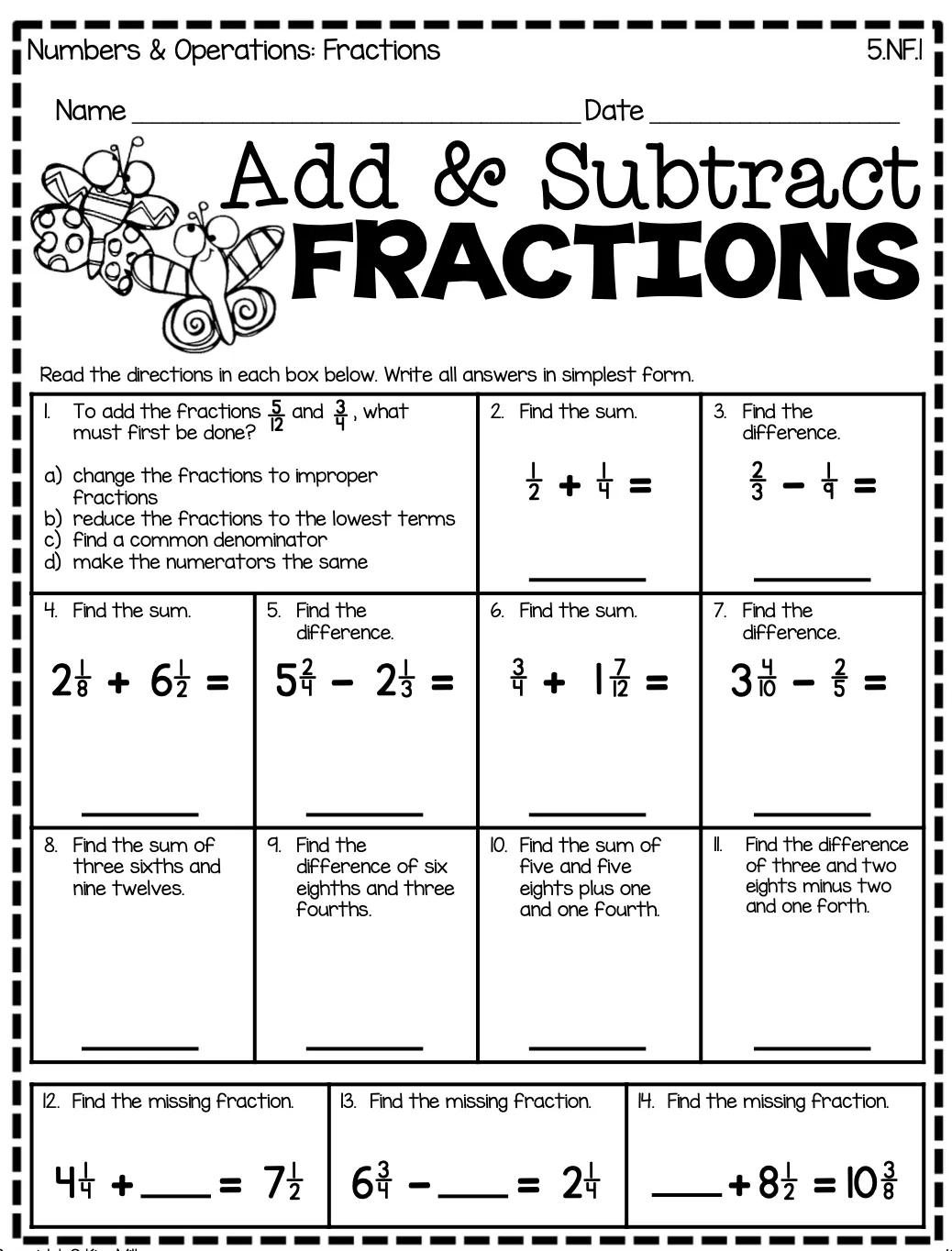 Adding And Subtracting Fractions With Unlike Denominators Review 