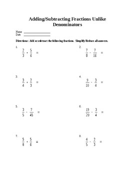 Adding And Subtracting Fractions With Unlike Denominators Worksheet