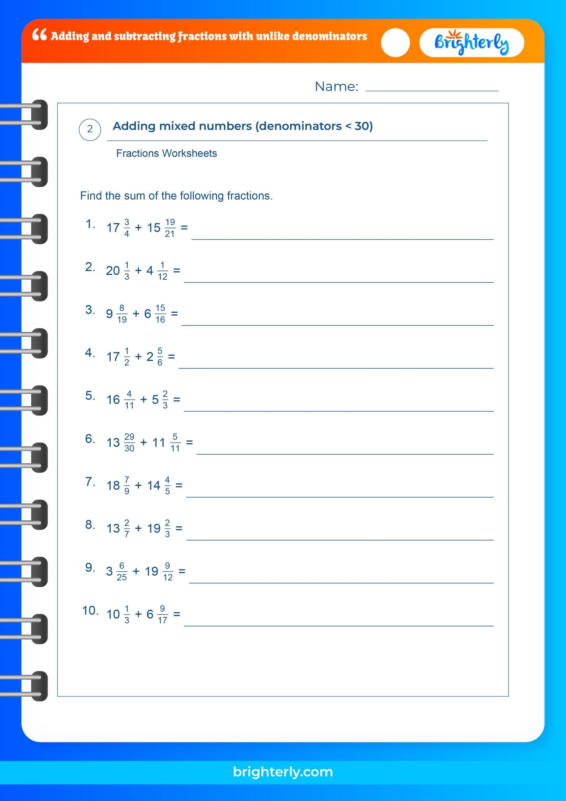 Adding And Subtracting Fractions With Unlike Denominators Worksheets