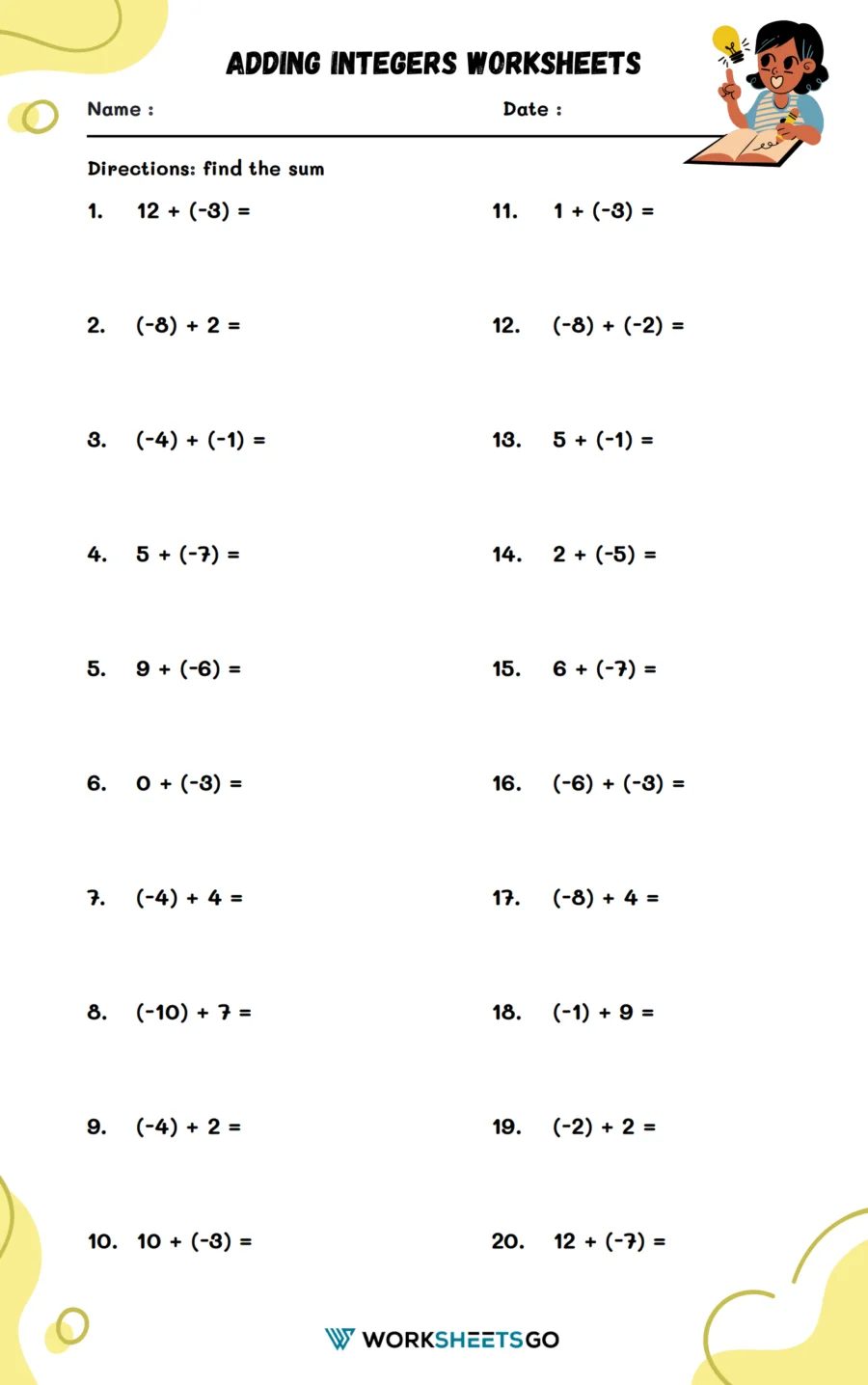 Adding And Subtracting Integers Worksheet