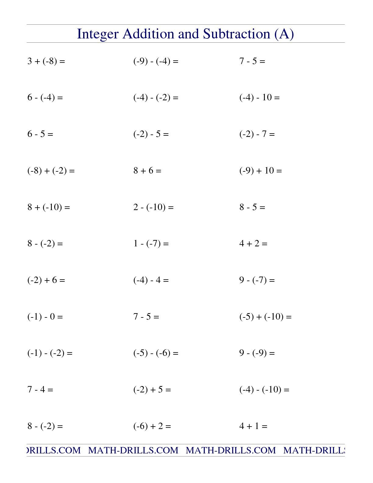 Adding And Subtracting Integers Worksheets Educational Worksheet Packs