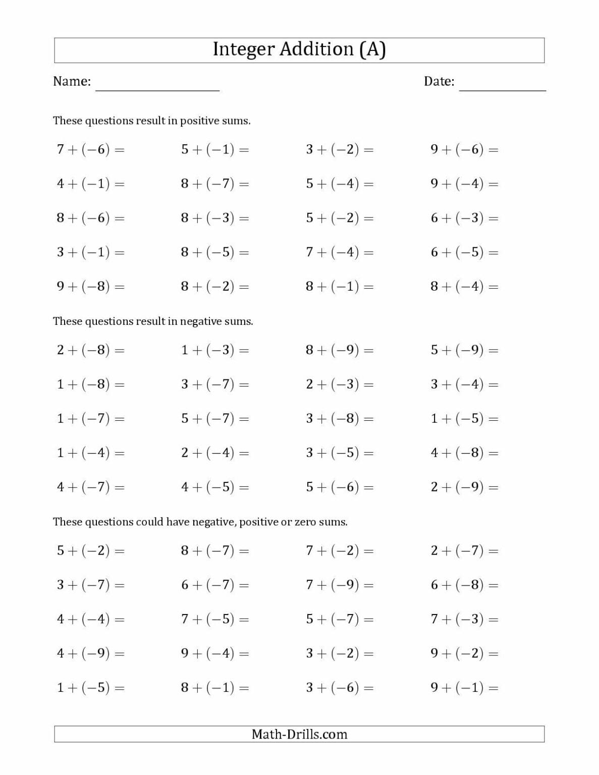 Adding And Subtracting Integers Worksheets With Answers Free Printables 