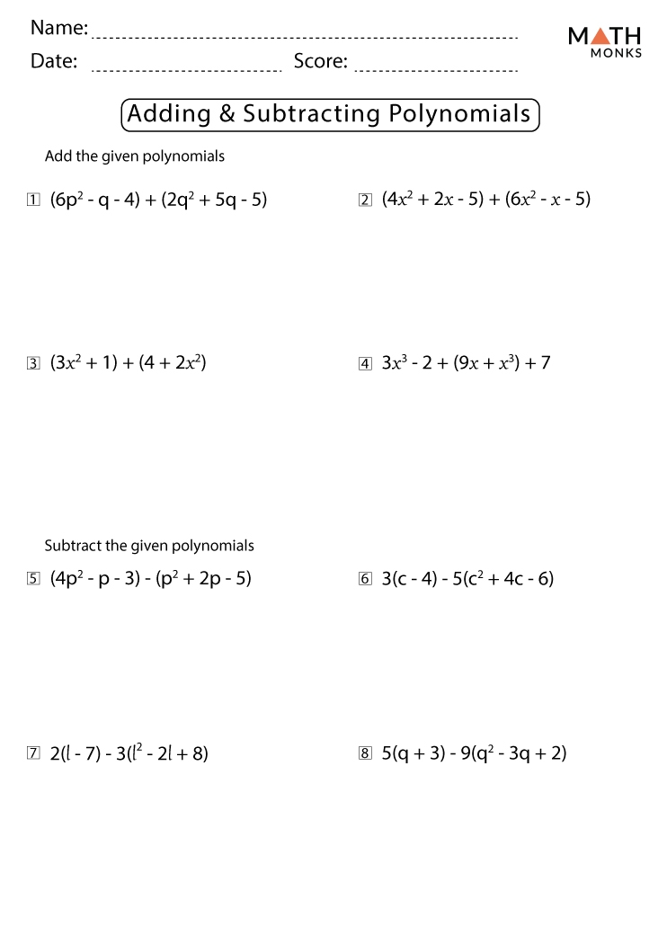 Adding And Subtracting Polynomials Worksheet Easy
