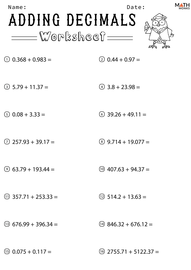 Adding Decimal Numbers Worksheets How To Add Decimals Examples