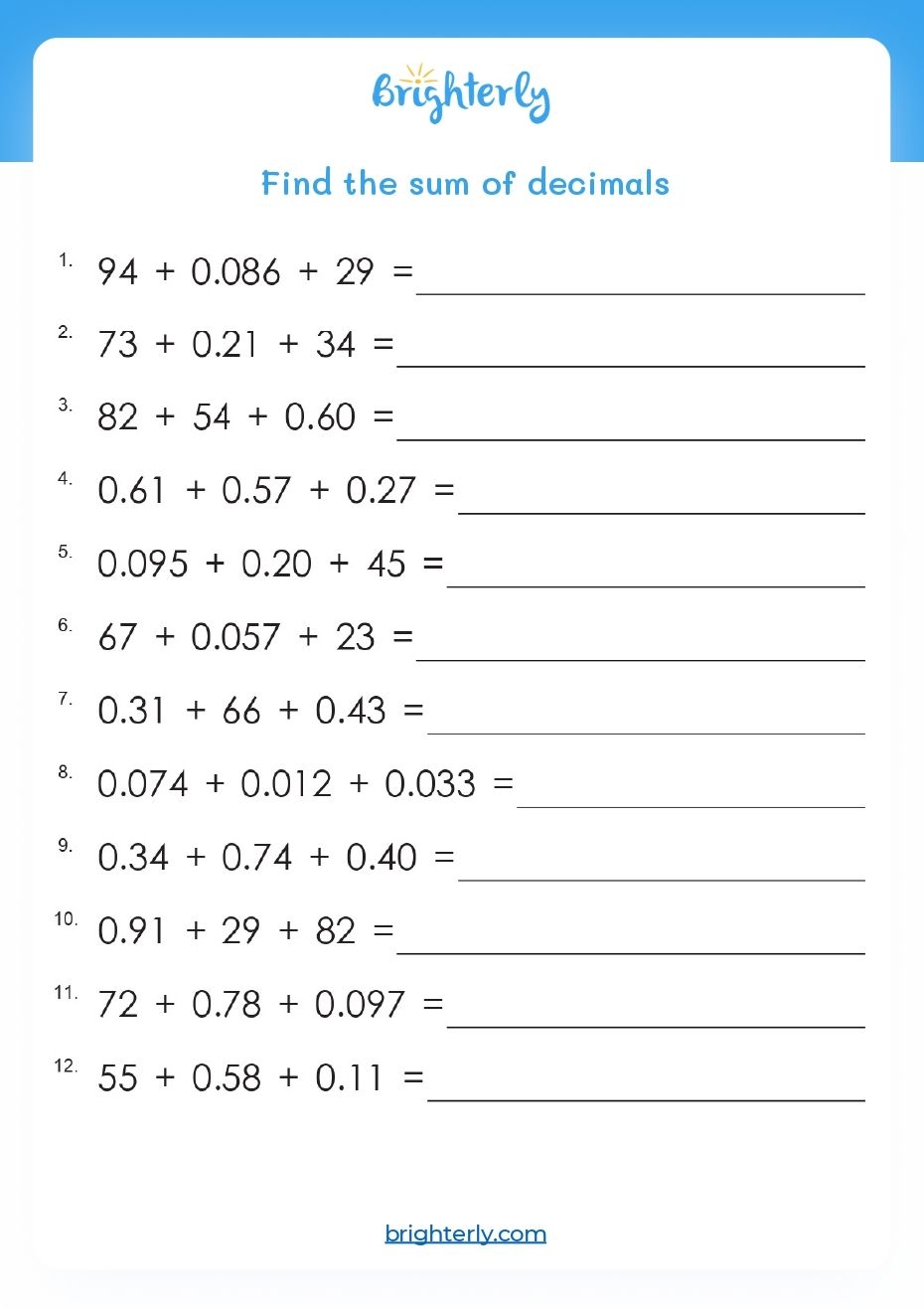 Adding Decimal Numbers Worksheets