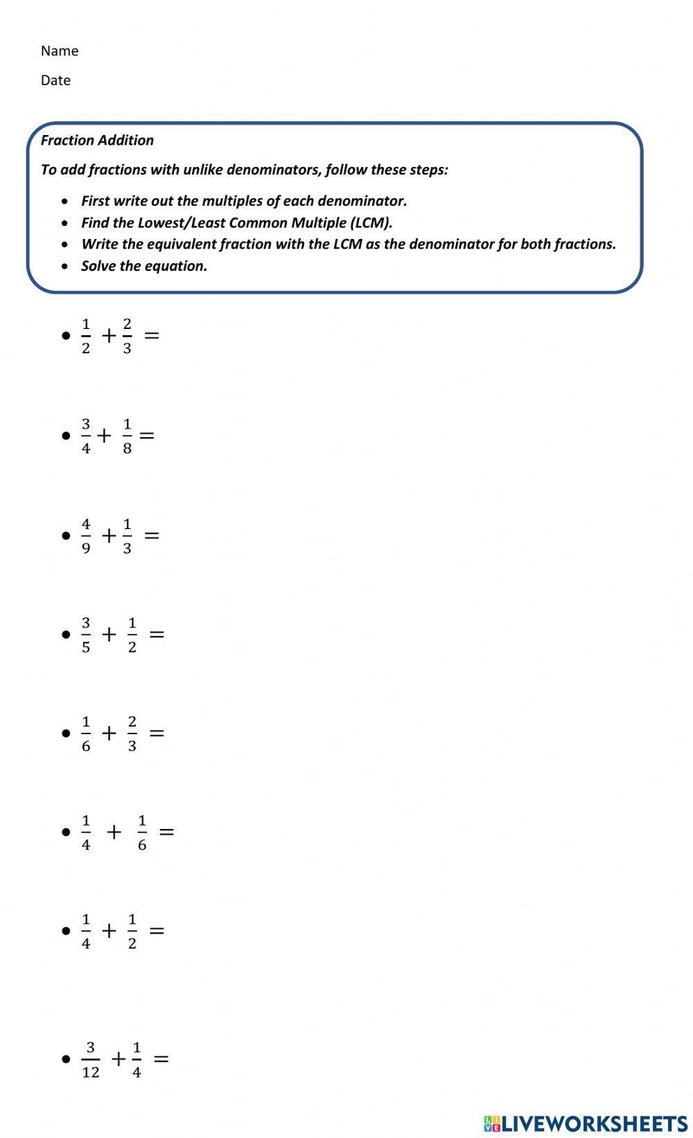 Adding Fractions With Unlike Denominators Exercise Worksheets Library