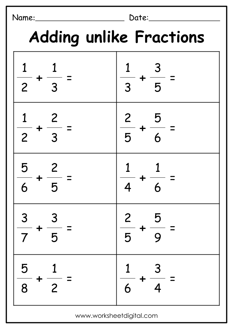 Adding Fractions With Unlike Denominators Worksheet Digital 1 