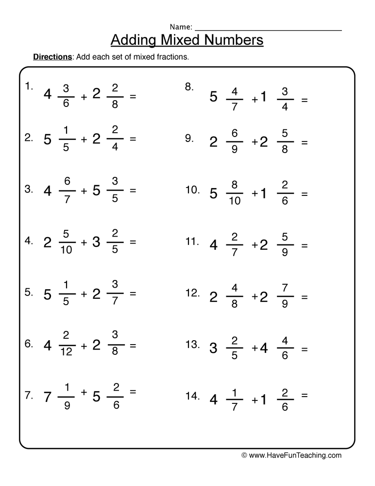 Adding Mixed Numbers Worksheet Have Fun Teaching