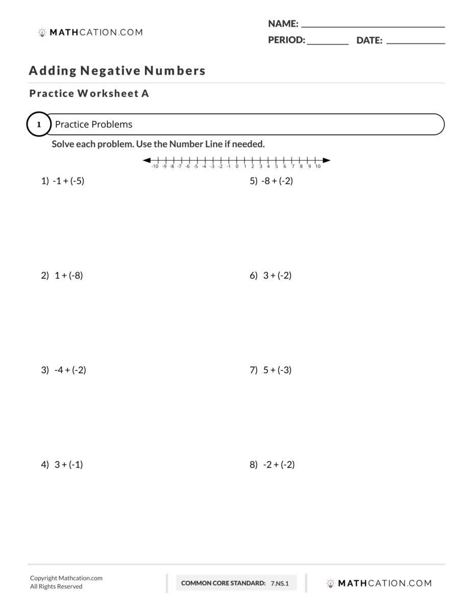 Adding Negative Numbers Worksheet Rules And Examples