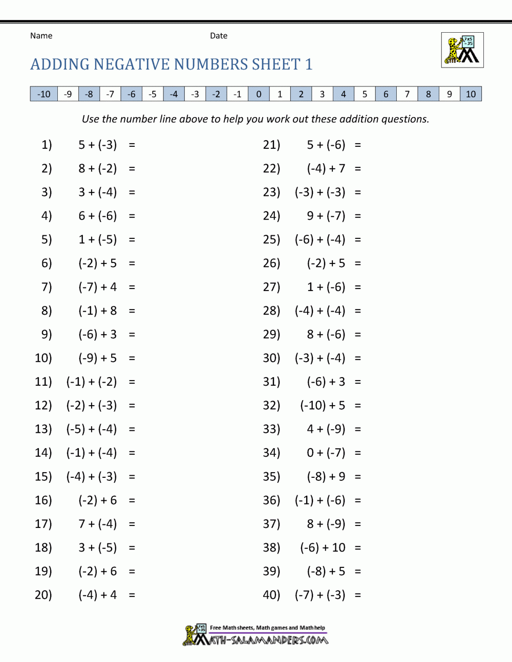 Adding Negative Numbers Worksheet
