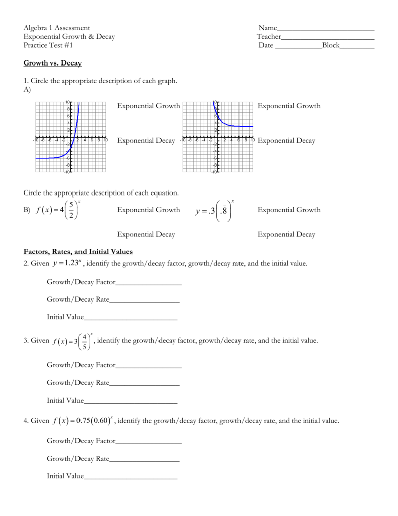 Algebra 1 Exponential Growth And Decay Worksheet Laws Of Exponents