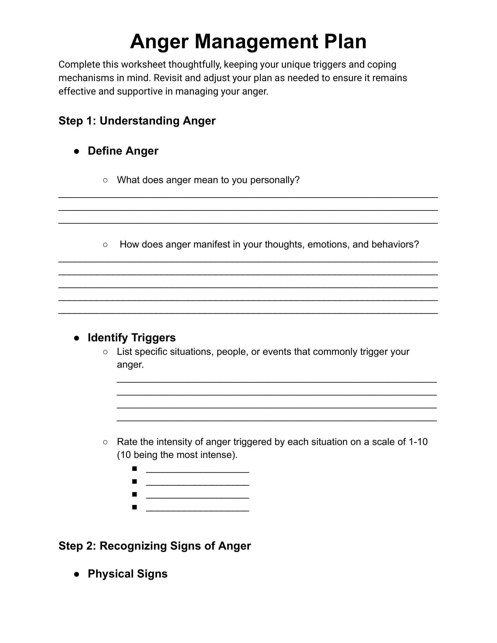 Anger Management Plan Therapist Tool Anger Management Tool Anger