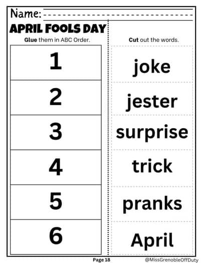 April Fools Day ABC Order Worksheet Activities 1st 2nd 3rd 4th Grade