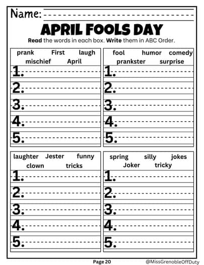 April Fools Day ABC Order Worksheet Activities 1st 2nd 3rd 4th Grade