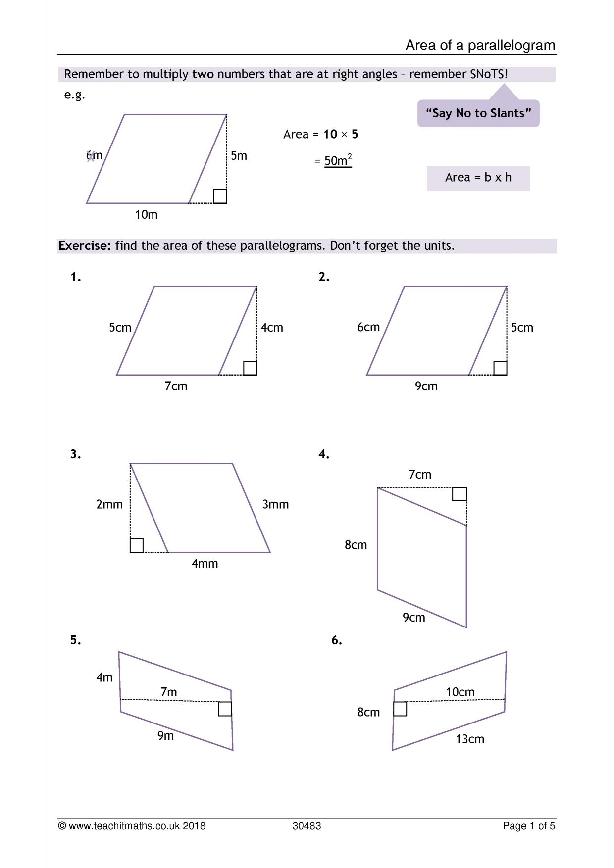 Area Of Parallelogram Worksheet