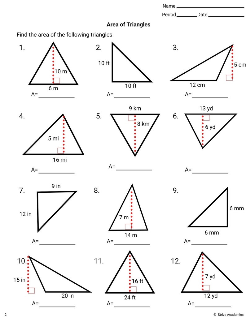Area Of Triangles Worksheet Set 1 Etsy