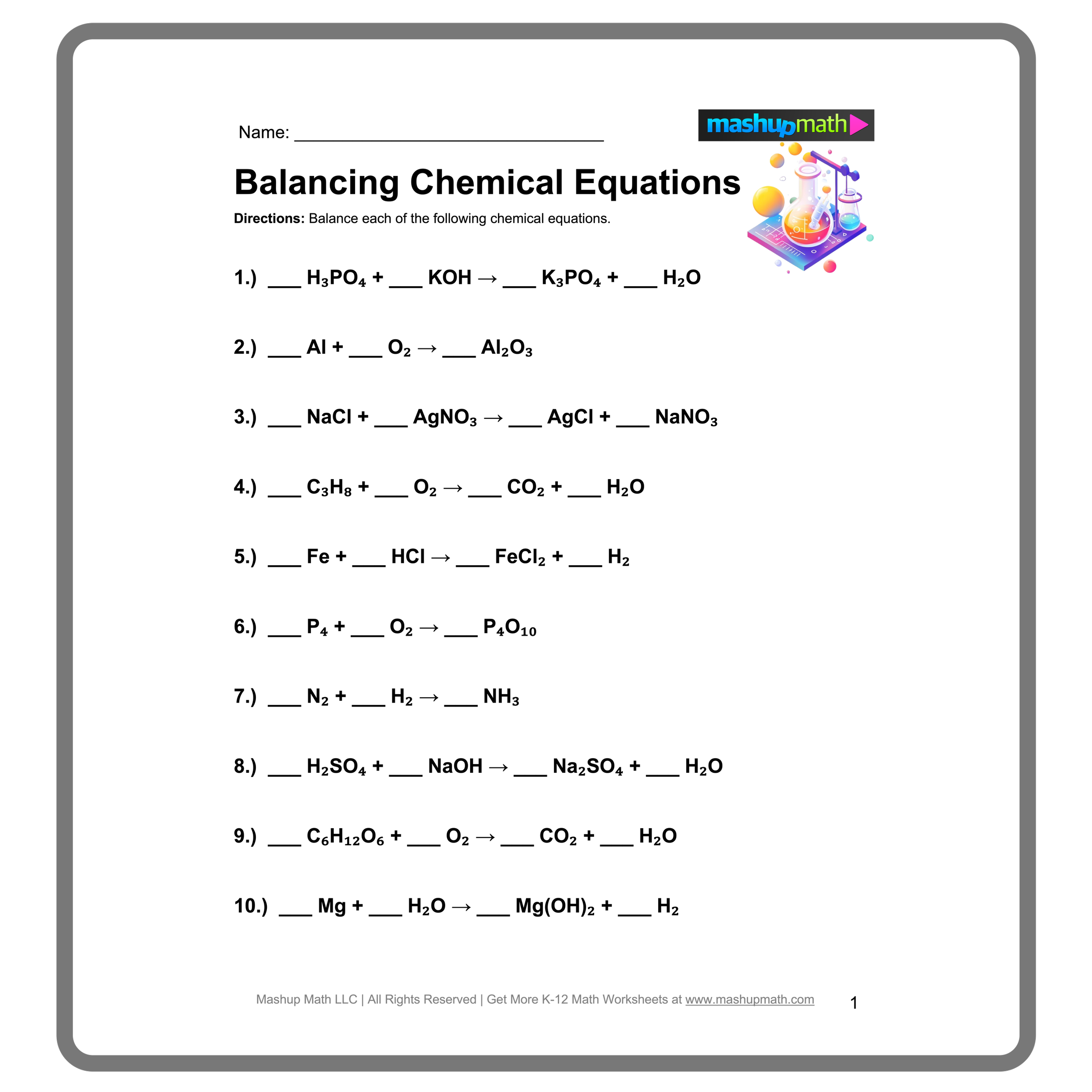 Balancing Chemical Equations Worksheets with Answers Mashup Math