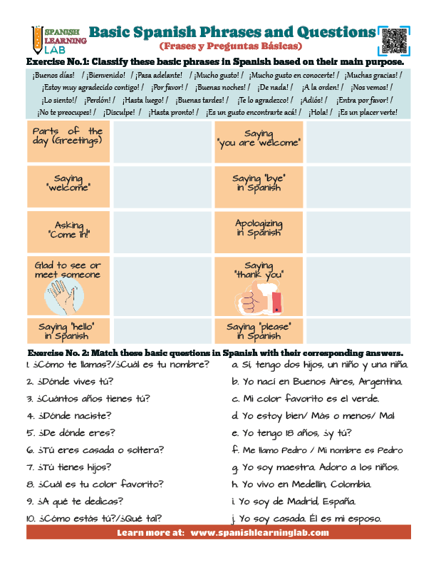 Basic Spanish Phrases And Questions PDF Worksheet Spanish Learning Lab