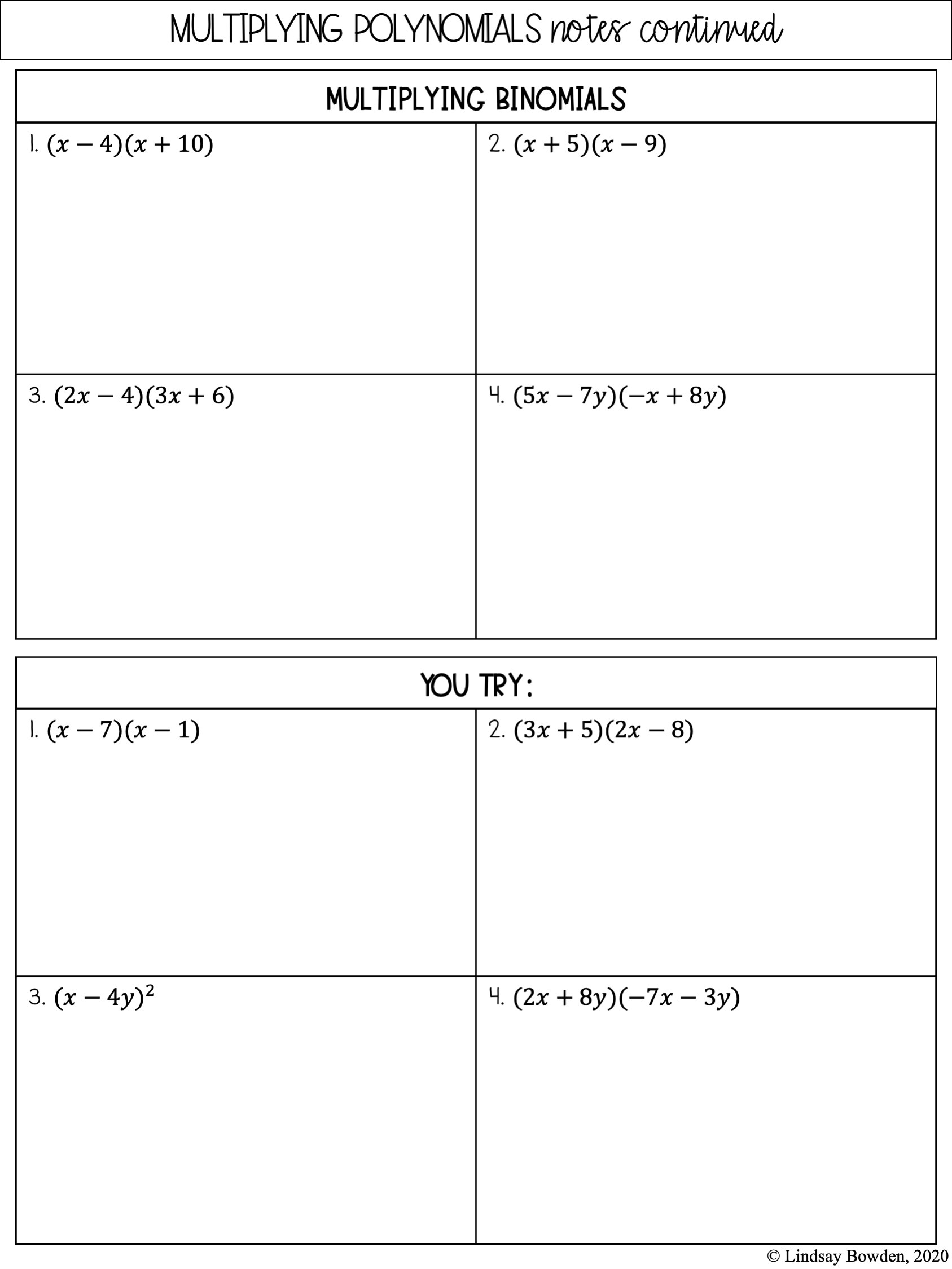 Binomial Multiplication FOIL Practice Worksheet Generator with 