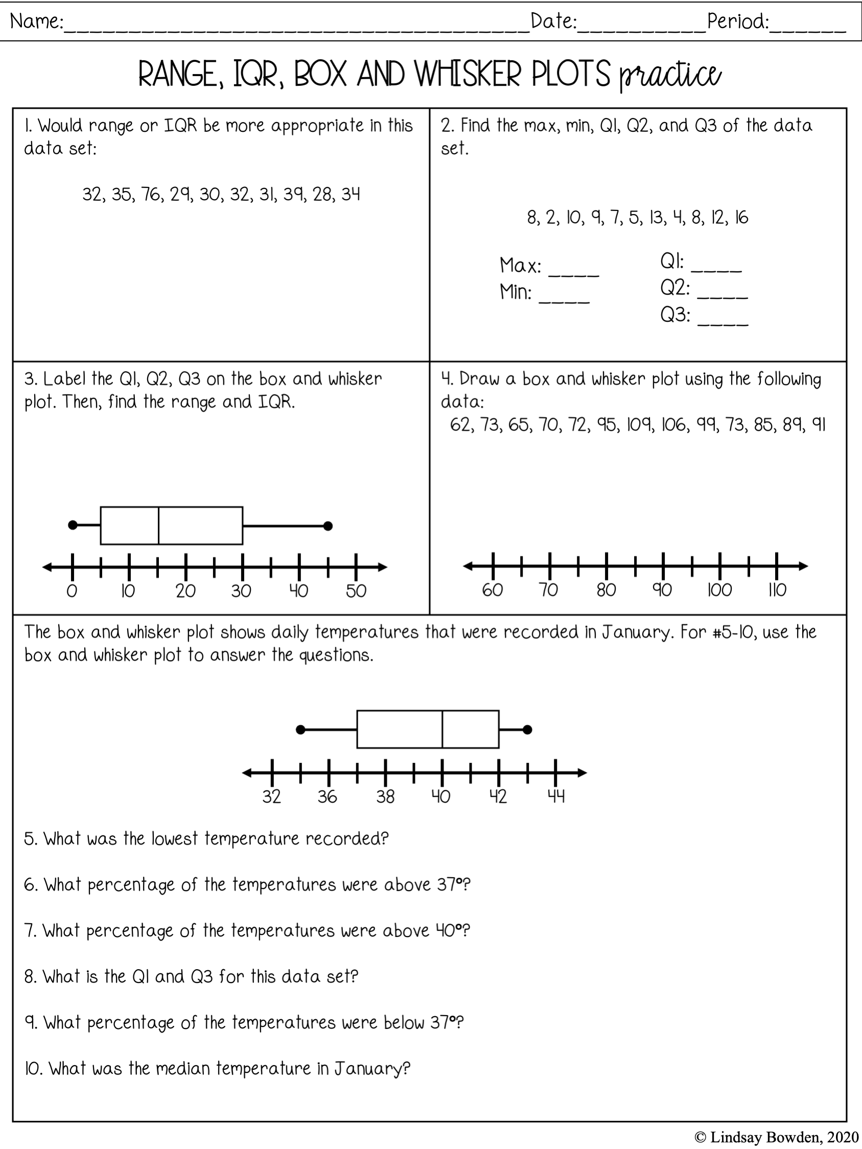 Box And Whisker Plots Notes And Worksheets Lindsay Bowden 