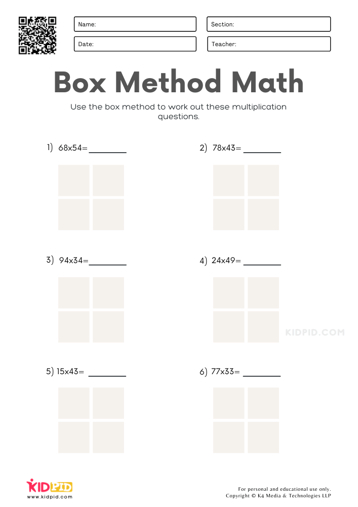 Box Method Multiplication Worksheets For 2 Digit Numbers Kidpid