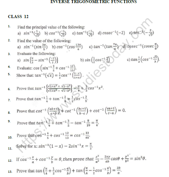 CBSE Class 12 Mathematics Inverse Trignometric Function Worksheet Set A