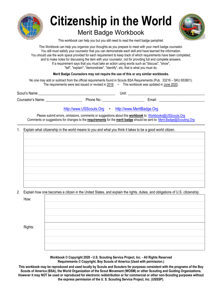 Citizenship In The World Merit Badge Workbook
