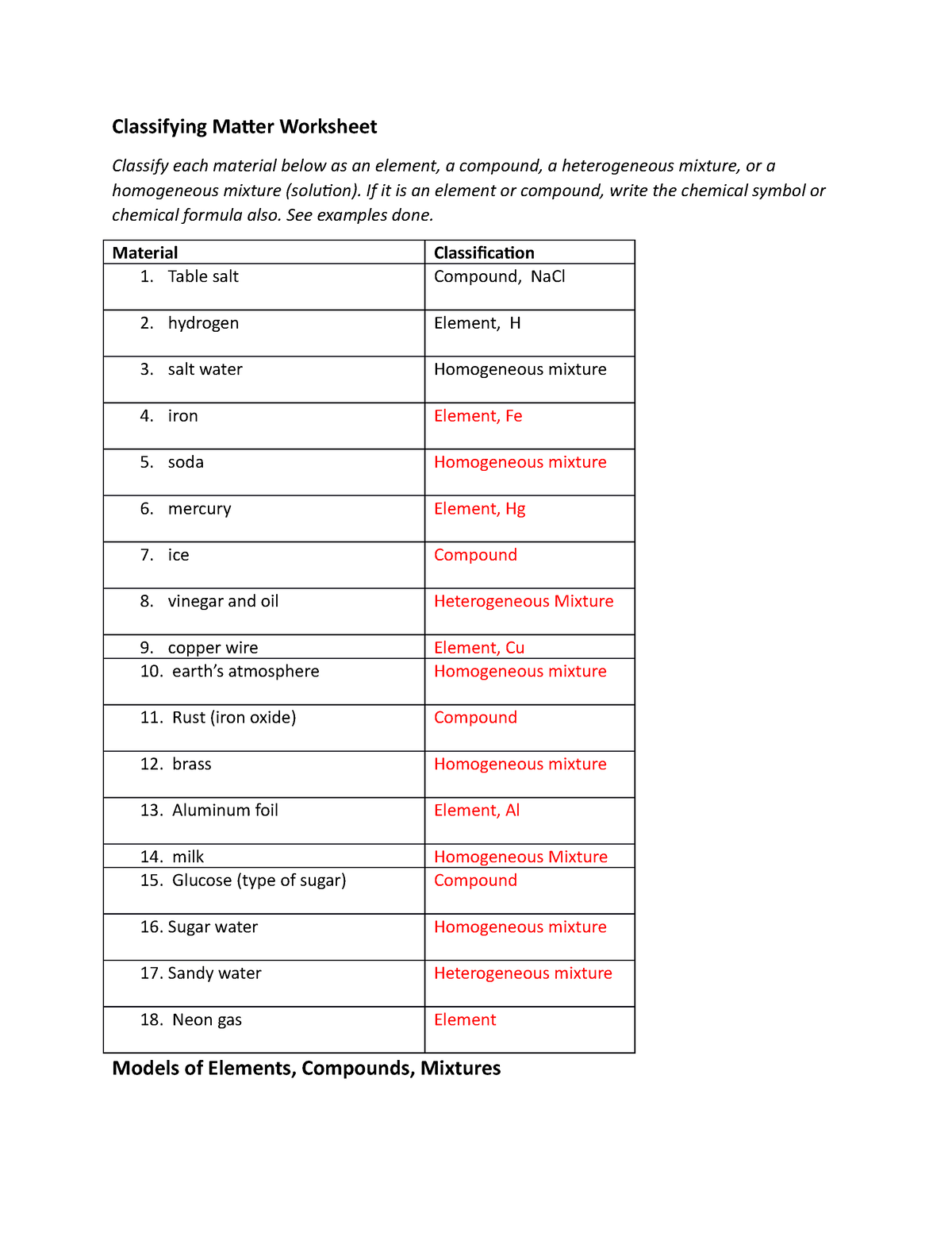 Classifying Matter Worksheet Classifying Matter Worksheet 