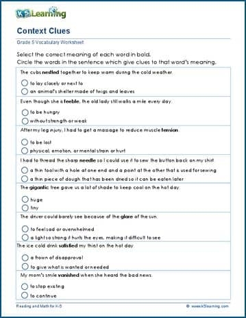 Context Clues Worksheets For Grade 5 K5 Learning