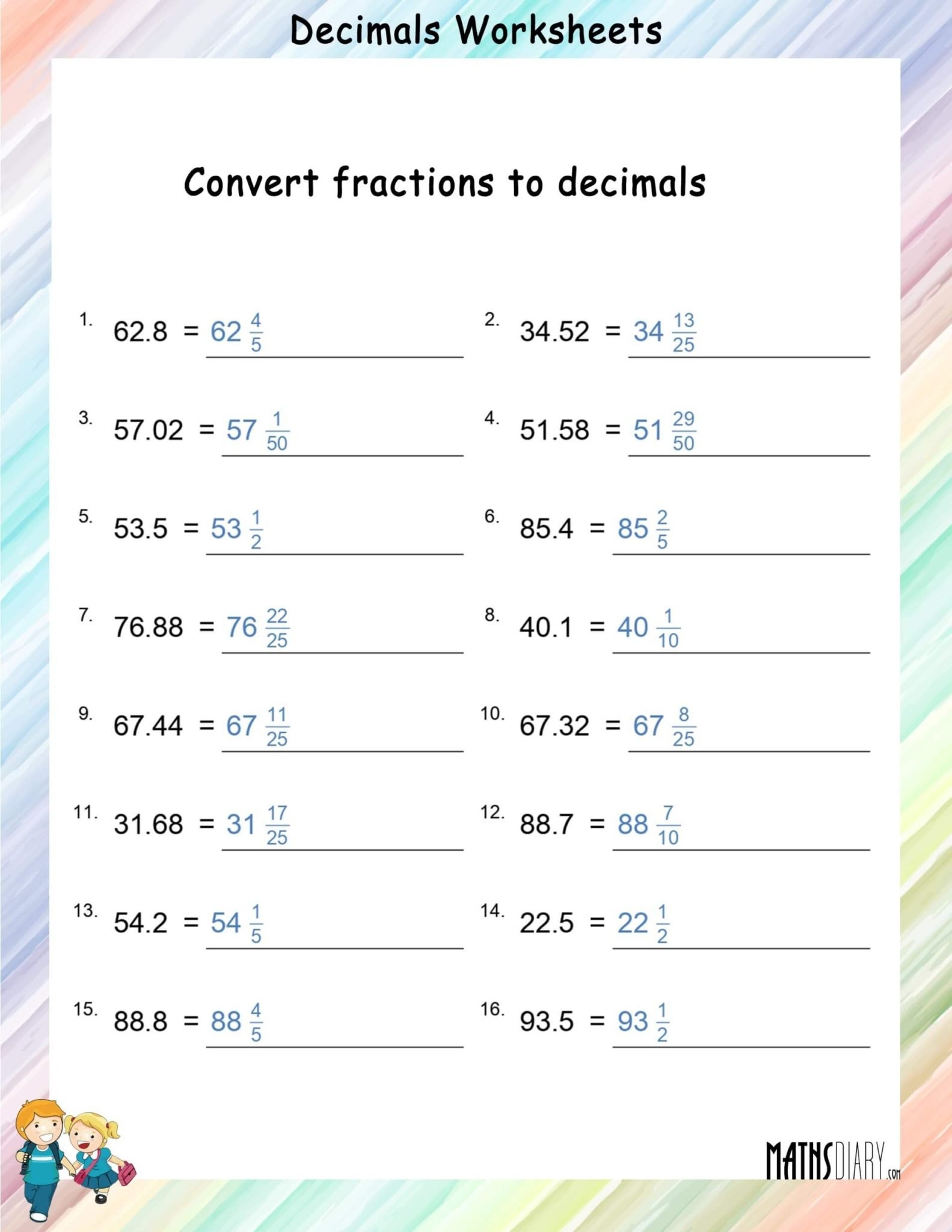 Convert Decimals To Fractions Worksheets Math Worksheets MathsDiary